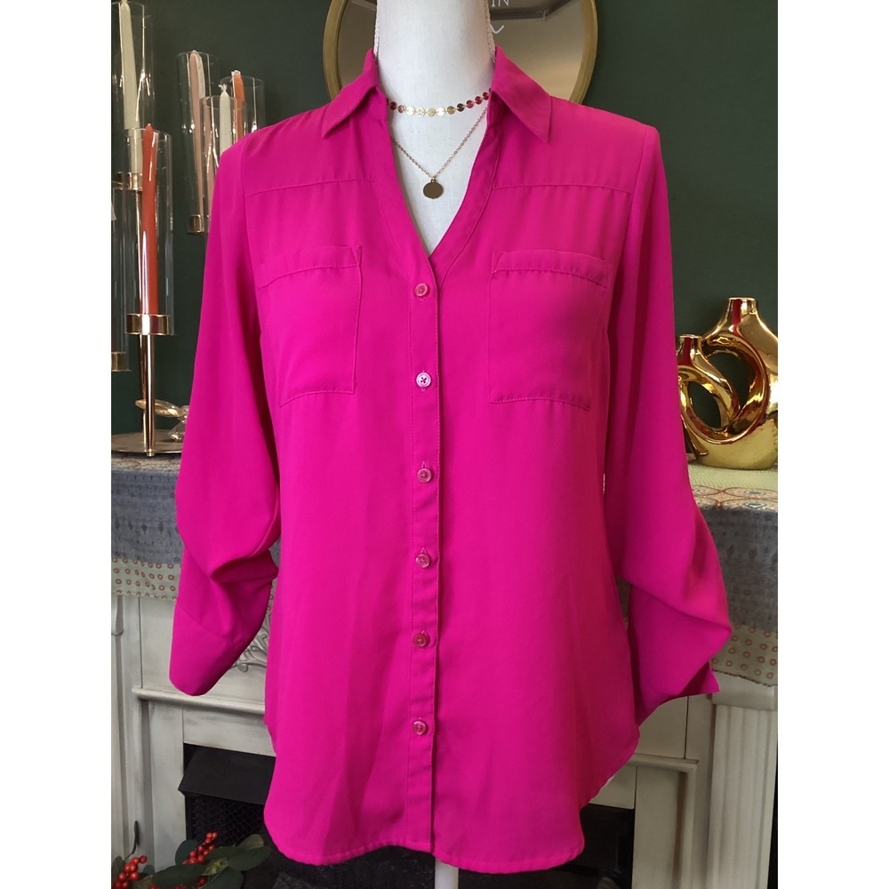 Express‎ The Portofino Shirt Hot Pink Roll Tab Sleeve Button Down Blouse XS
